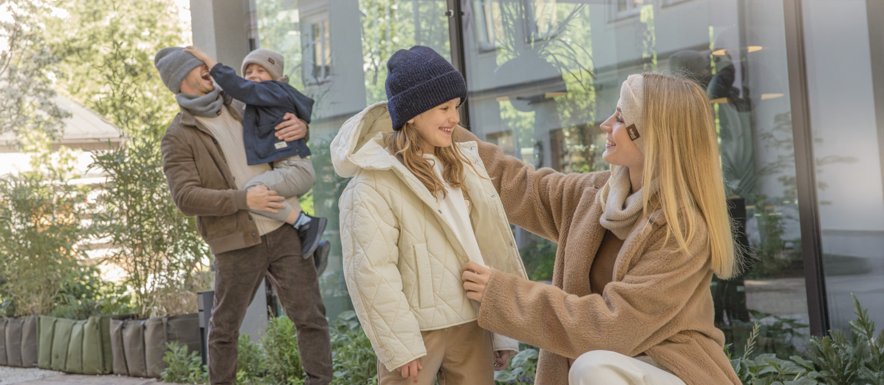 Family wearing alpaca wool hat and scarf